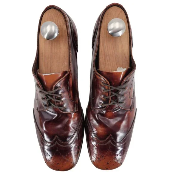 Prada Italy Mens 7.5 Distressed Brown Leather Wingtip Derby Oxfords Dress Shoes - Picture 10 of 13